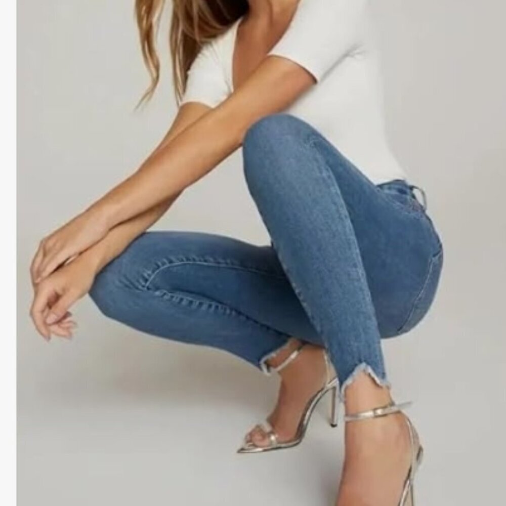 Good American Good Legs High Waist Jagged Fray Hem Skinny Jeans 0 • BLUE611 NWT